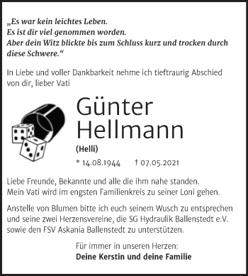 Traueranzeige von Günter Hellmann von Trauerkombi Quedlinburg
