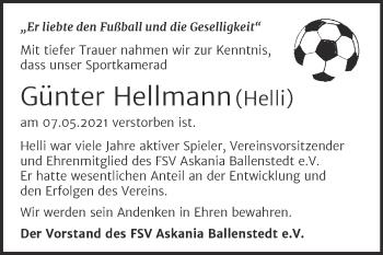 Traueranzeige von Günter Hellmann von Trauerkombi Quedlinburg