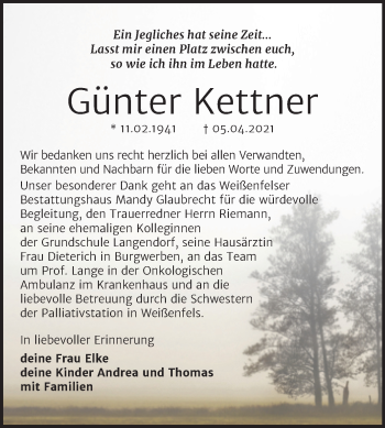 Traueranzeige von Günter Kettner von Trauerkombi Weißenfels