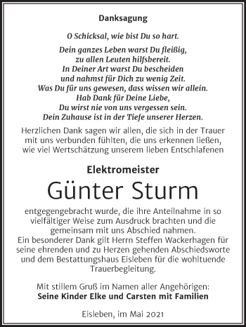 Traueranzeige von Günter Sturm von Trauerkombi Mansfelder Land