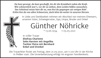 Traueranzeige von Günther Nöhricke von Trauerkombi Bernburg