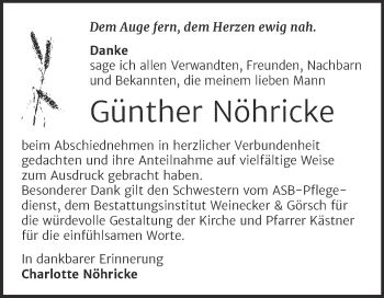 Traueranzeige von Günther Nöhricke von Trauerkombi Bernburg