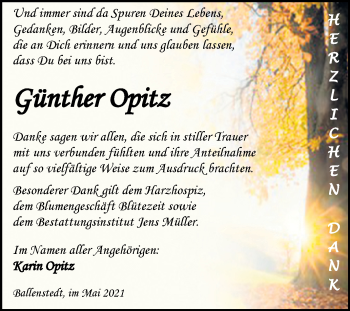 Traueranzeige von Günther Opitz von Trauerkombi Quedlinburg