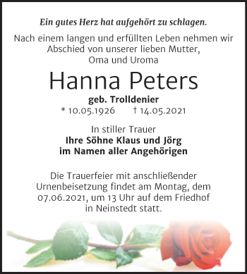 Traueranzeige von Hanna Peters von Trauerkombi Quedlinburg