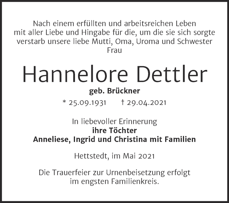 Traueranzeige für Hannelore Dettler vom 11.05.2021 aus Trauerkombi Mansfelder Land