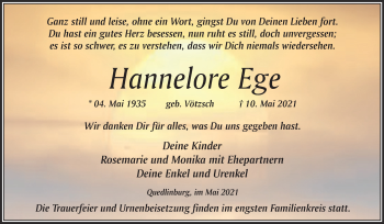 Traueranzeige von Hannelore Ege von Trauerkombi Quedlinburg