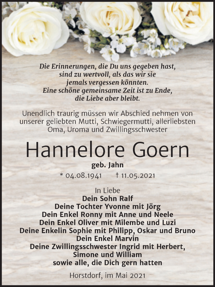  Traueranzeige für Hannelore Goern vom 22.05.2021 aus Trauerkombi Dessau