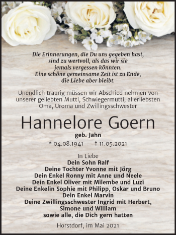 Traueranzeige von Hannelore Goern von Trauerkombi Dessau