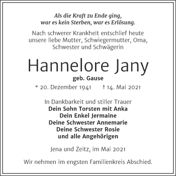 Traueranzeige von Hannelore Jany von Mitteldeutsche Zeitung Zeitz