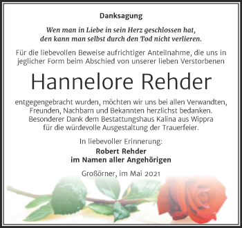 Traueranzeige von Hannelore Rehder von Trauerkombi Mansfelder Land