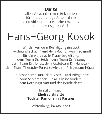 Traueranzeige von Hans-Georg Kosok von Trauerkombi Wittenberg
