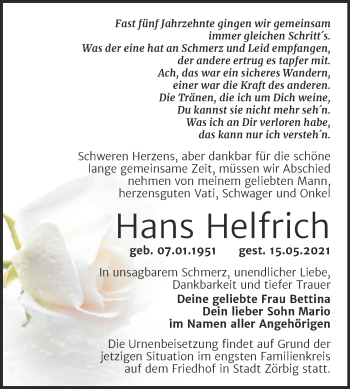 Traueranzeige von Hans Helfrich von Trauerkombi Bitterfeld