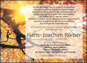 Traueranzeige von Hans-Joachim Römer von Trauerkombi Mansfelder Land