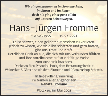 Traueranzeige von Hans-Jürgen Fromme von Trauerkombi Bernburg