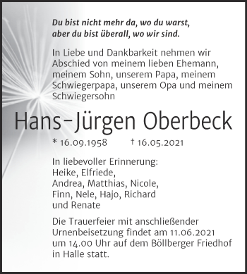Traueranzeige von Hans-Jürgen Oberheck von Mitteldeutsche Zeitung Halle/Saalkreis