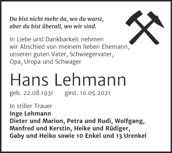 Traueranzeige von Hans Lehmann von Mitteldeutsche Zeitung Halle/Saalkreis