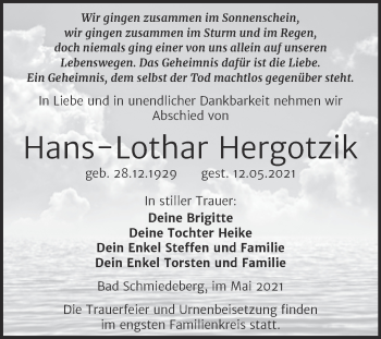 Traueranzeige von Hans-Lothar Hergotzik von Trauerkombi Wittenberg