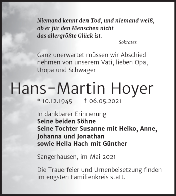 Traueranzeige von Hans-Martin Hoyer von Trauerkombi Sangerhausen
