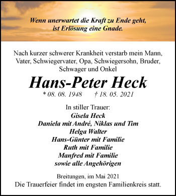 Traueranzeige von Hans-Peter Heck von Trauerkombi Sangerhausen