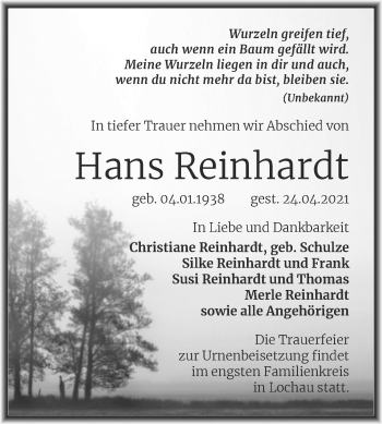 Traueranzeige von Hans Reinhardt von Mitteldeutsche Zeitung Halle/Saalkreis