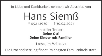 Traueranzeige von Hans Siemß von Wochenspiegel Naumburg/Nebra