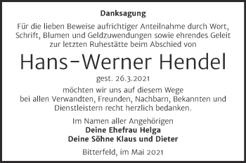 Traueranzeige von Hans-Werner Hendel von Trauerkombi Bitterfeld