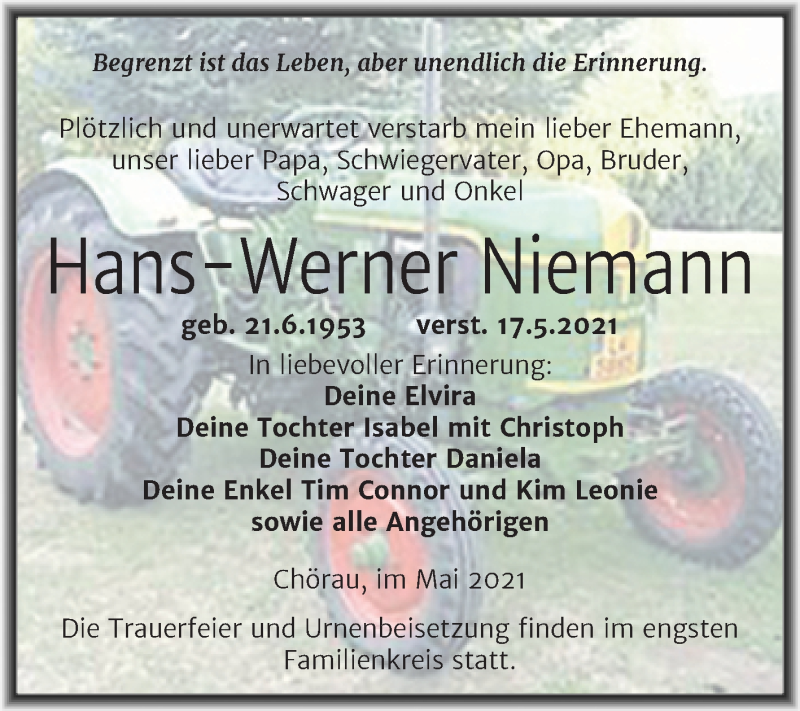  Traueranzeige für Hans-Werner Niemann vom 21.05.2021 aus Trauerkombi Köthen