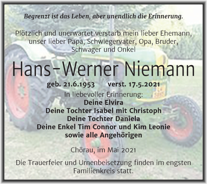  Traueranzeige für Hans-Werner Niemann vom 22.05.2021 aus Trauerkombi Köthen