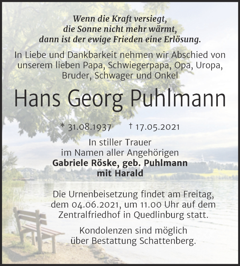  Traueranzeige für Hans Georg Puhlmann vom 29.05.2021 aus Trauerkombi Quedlinburg