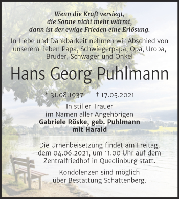 Traueranzeige von Hans Georg Puhlmann von Trauerkombi Quedlinburg