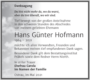 Traueranzeige von Hans Günter Hofmann von Trauerkombi Zeitz