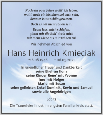 Traueranzeige von Hans Heinrich Kmieciak von Wochenspiegel Naumburg/Nebra