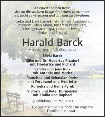 Traueranzeige von Harald Barck von Trauerkombi Quedlinburg