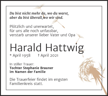 Traueranzeige von Harald Hattwig von Trauerkombi Dessau