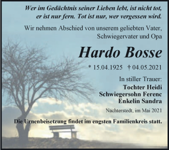 Traueranzeige von Hardo Bosse von Trauerkombi Aschersleben