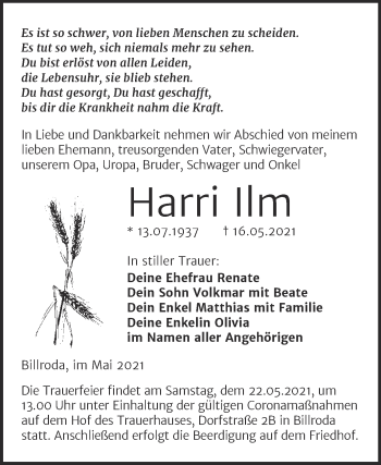 Traueranzeige von Harri Ilm von Naumburger Tageblatt