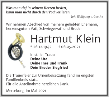 Traueranzeige von Hartmut Klein von Trauerkombi Merseburg
