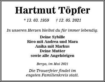 Traueranzeige von Hartmut Töpfer von Trauerkombi Sangerhausen