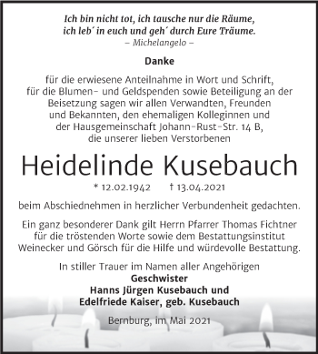 Traueranzeige von Heidelinde Kusebauch von Trauerkombi Bernburg