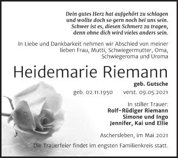 Traueranzeige von Heidemarie Riemann von Trauerkombi Aschersleben