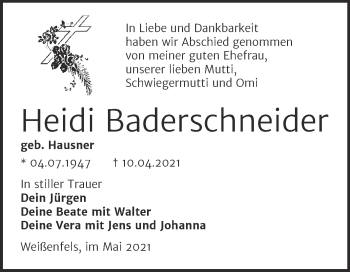 Traueranzeige von Heidi Baderschneider von Trauerkombi Weißenfels