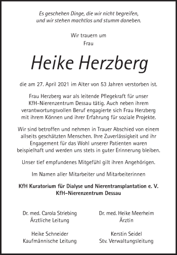 Traueranzeige von Heike Herzberg von Mitteldeutsche Zeitung Dessau-Roßlau
