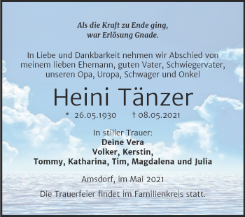 Traueranzeige von Heini Tänzer von Trauerkombi Mansfelder Land