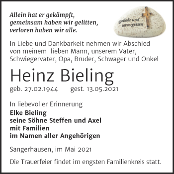Traueranzeige von Heinz Bieling von Trauerkombi Sangerhausen