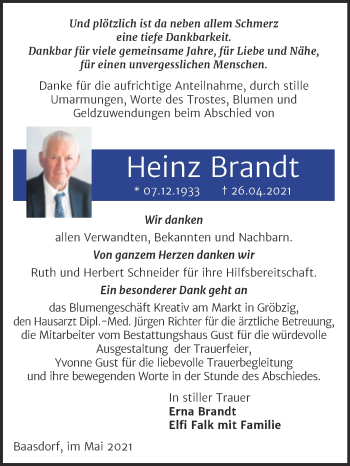 Traueranzeige von Heinz Brandt von Trauerkombi Köthen