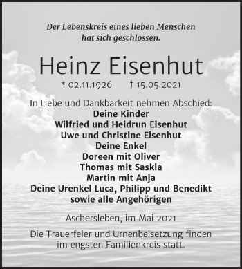 Traueranzeige von Heinz Eisenhut von Trauerkombi Aschersleben