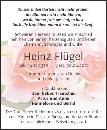 Traueranzeige von Heinz Flügel von Trauerkombi Dessau
