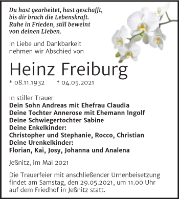 Traueranzeige von Heinz Freiburg von Trauerkombi Bitterfeld
