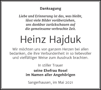 Traueranzeige von Heinz Hajduk von Trauerkombi Sangerhausen