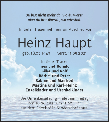 Traueranzeige von Heinz Haupt von Trauerkombi Bitterfeld